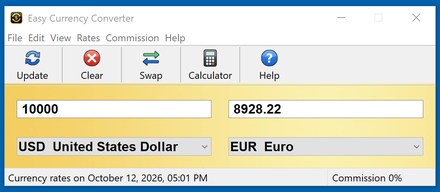 Easy Currency Converter main window: amount boxes and currency lists converting 10000 US dollars to euros, Update, Clear, Swap and Calculator toolbar buttons, and the rate date and commission in the status bar