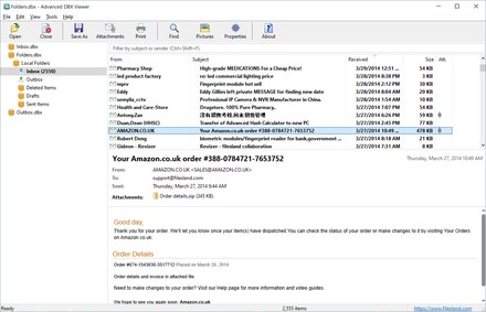 Advanced DBX Viewer showing the Outlook Express folder tree, the message list and an HTML message in the reading pane