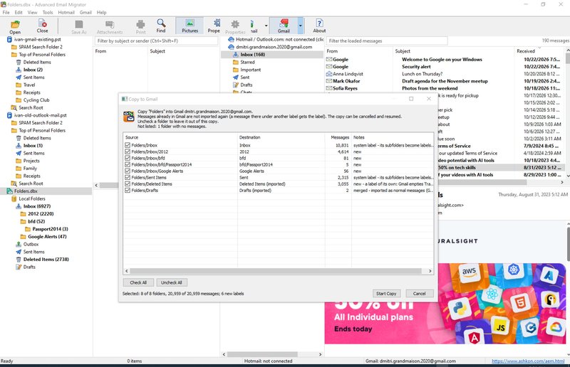 Copy to Gmail window listing Outlook Express DBX folders with their destination Gmail labels, message counts and notes, ready to copy 20,959 messages into 6 new labels