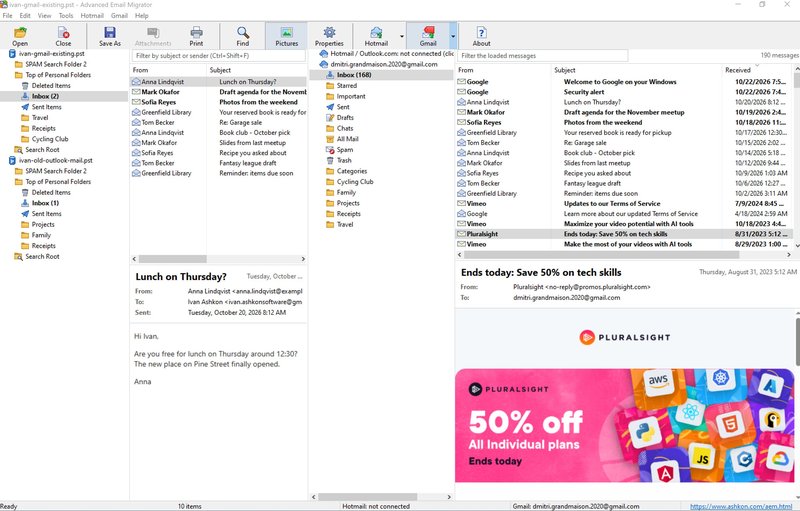 Advanced Email Migrator main window: two PST files open on the left with their folders and message list, the connected Gmail account's labels and messages on the right, and an HTML message in the Gmail reading pane