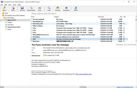Advanced MBOX Viewer showing a Thunderbird Local Folders tree, the message list and a message in the reading pane