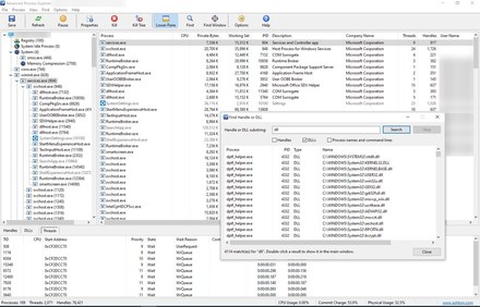 Advanced Process Explorer showing the process tree, process list and lower pane