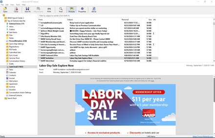 Advanced PST Viewer showing the folder tree, message list and an HTML message in the reading pane