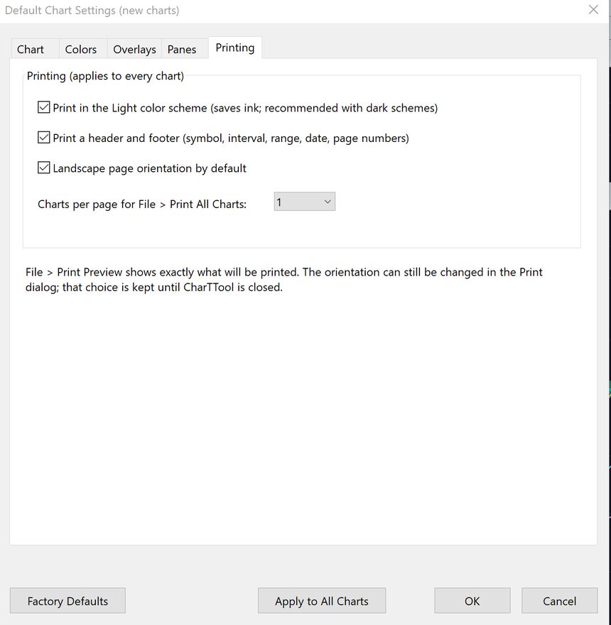 Settings dialog, Printing tab: print in Light scheme, header and footer, landscape, charts per page