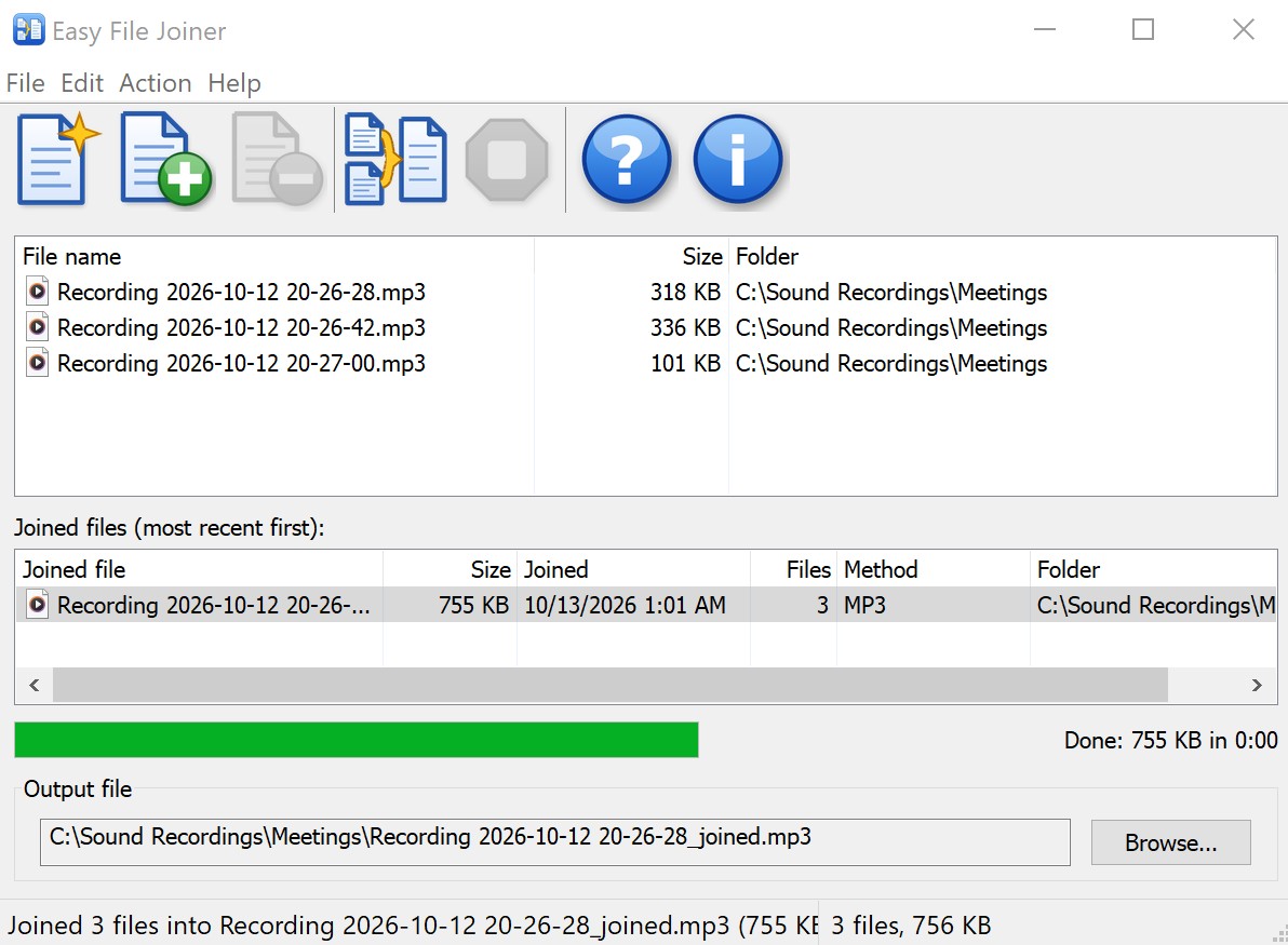 Easy File Joiner main window with three MP3 recordings in the file list, one joined MP3 file in the Joined files list, a full progress bar and the output file path
