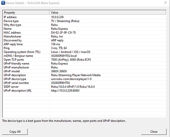 Device Details window listing addresses, device type reasoning, names, open ports and UPnP information for one device