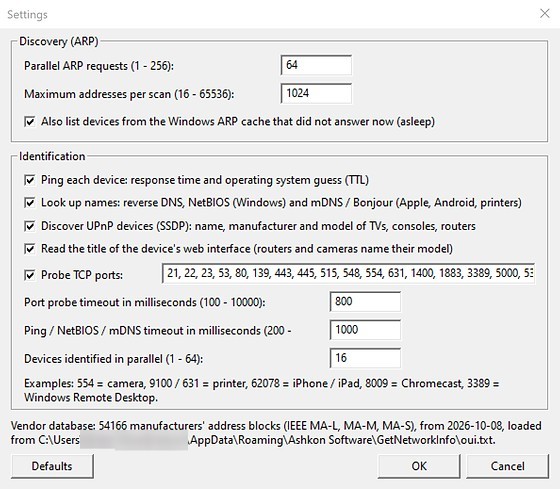 GetNetworkInfo Settings dialog with ARP discovery and device identification options