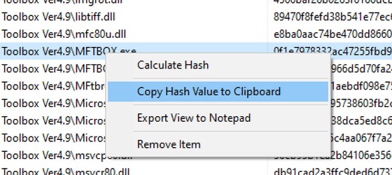 Right-click menu in the file list with Calculate Hash, Copy Hash Value to Clipboard, Export View to Notepad and Remove Item