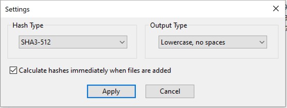 Settings dialog with Hash Type and Output Type lists and the option to calculate hashes immediately