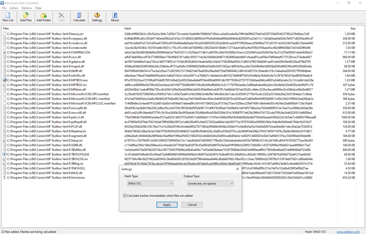 Advanced Hash Calculator main window listing files with their SHA3-512 hash values, with the Settings dialog open