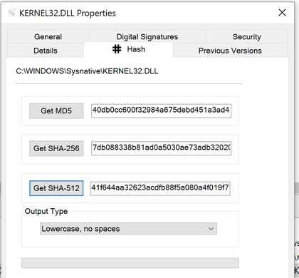 Hash tab in the Windows file Properties dialog with Get MD5, Get SHA-256 and Get SHA-512 buttons