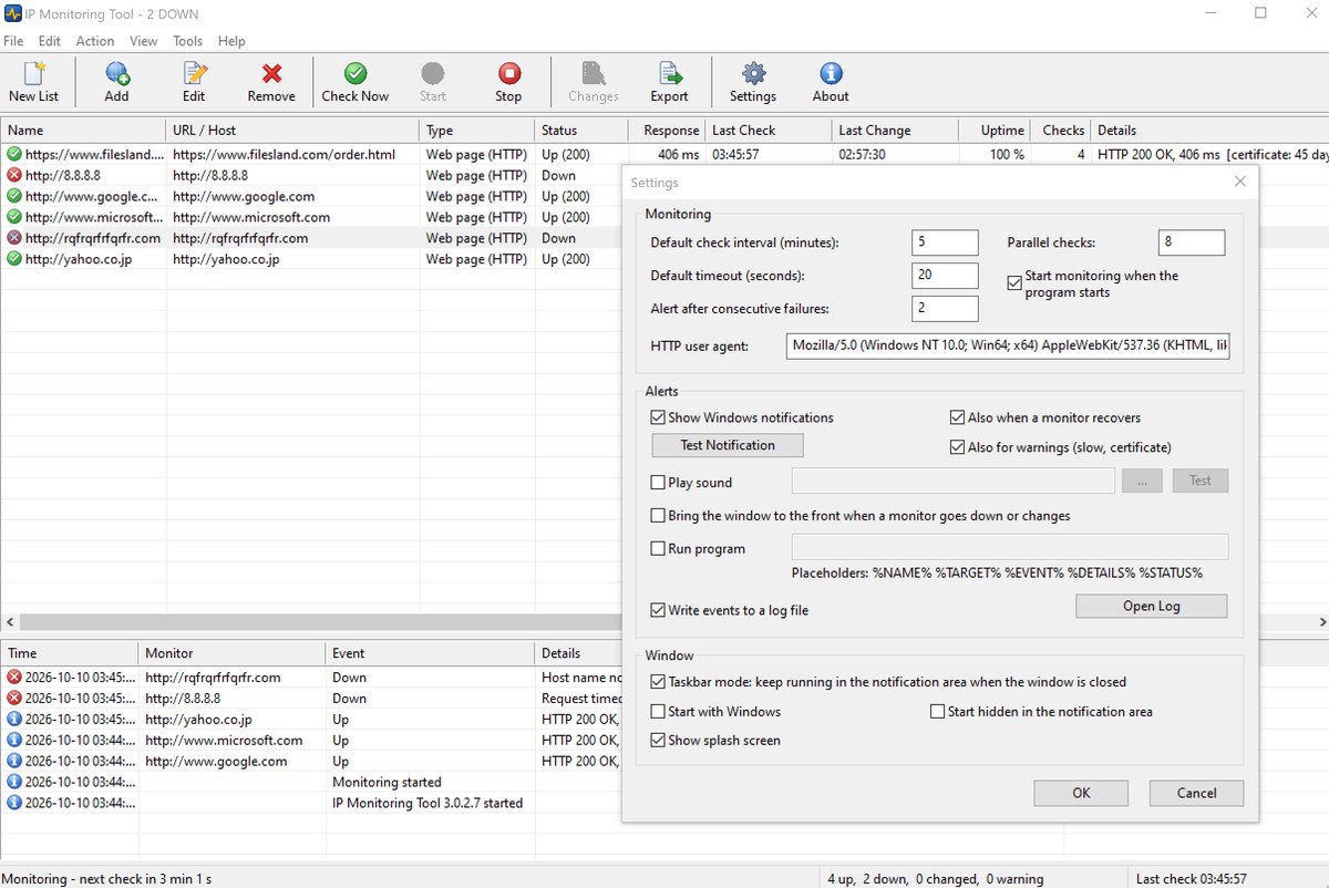 IP Monitoring Tool main window with a list of web page, ping, TCP port and DNS monitors and the event log