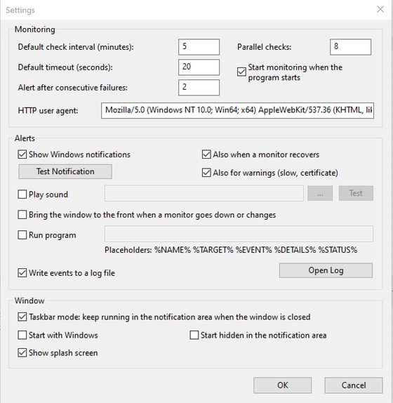 IP Monitoring Tool Settings dialog with Monitoring, Alerts and Window options