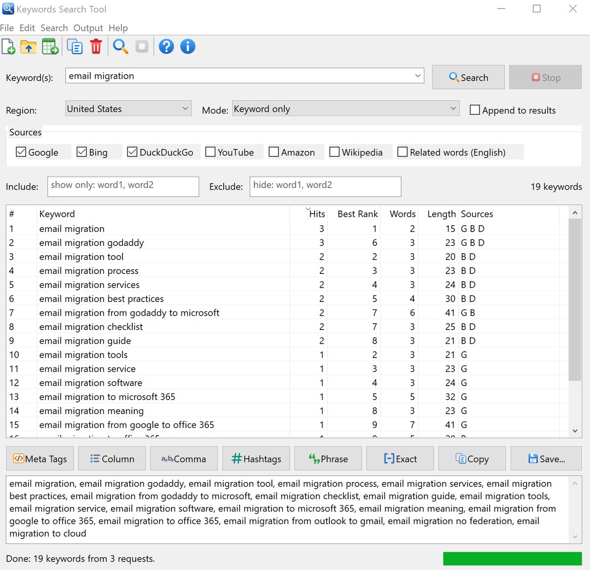 Keywords Search Tool main window