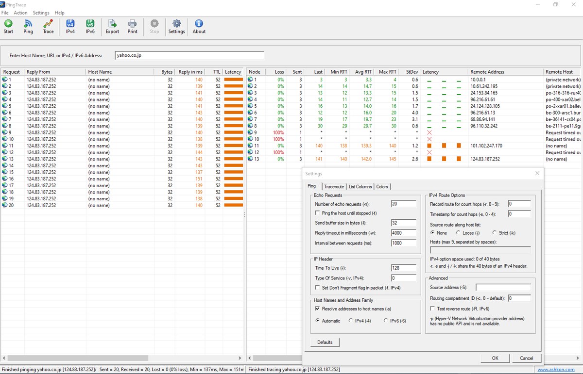 PingTrace window with ping replies on the left and the hop-by-hop traceroute on the right