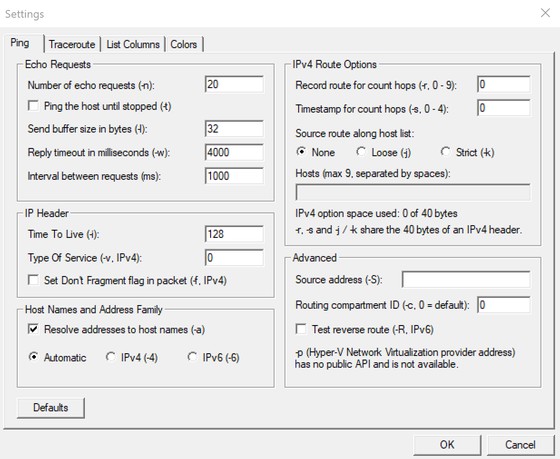 Ping page of the PingTrace Settings dialog with echo count, buffer size, timeout, TTL and IPv4 route options