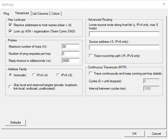 Traceroute page of the PingTrace Settings dialog with name resolution, ASN lookup, hop limit, probes per hop and MTR options