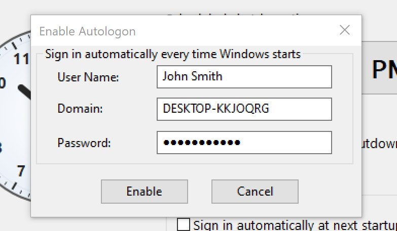 Enable Autologon dialog with User Name, Domain and Password boxes and Enable and Cancel buttons