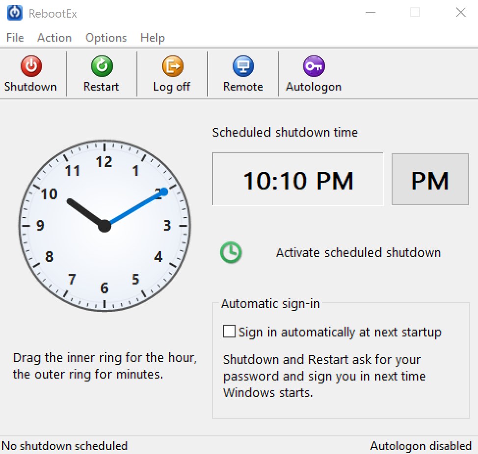 RebootEx main window with the toolbar, clock face, scheduled shutdown time, automatic sign-in option and status bar