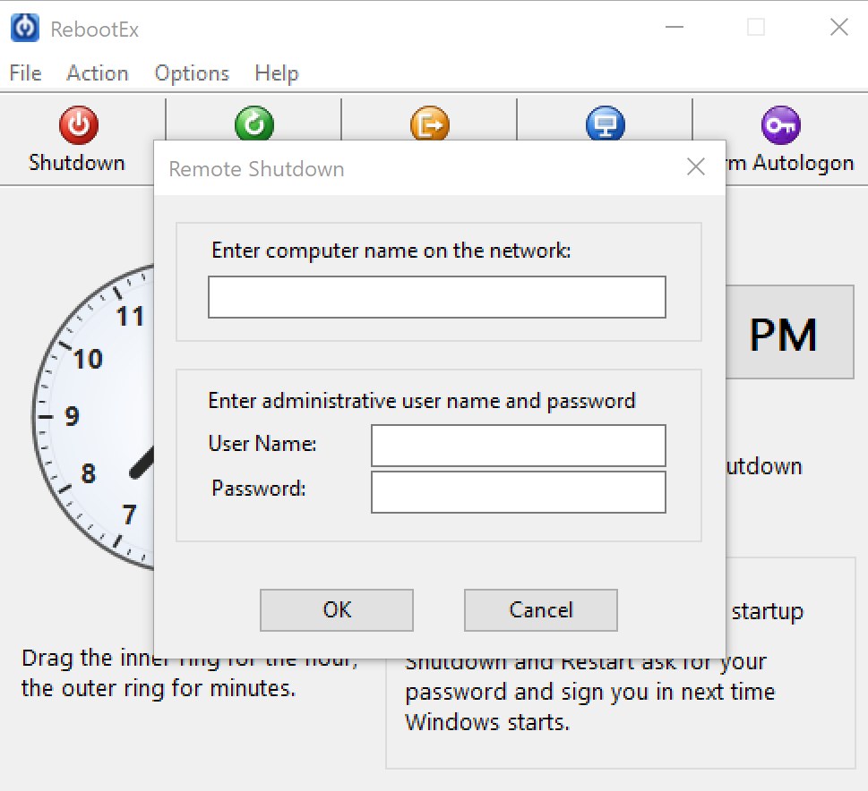 Remote Shutdown dialog with boxes for the computer name, administrator user name and password