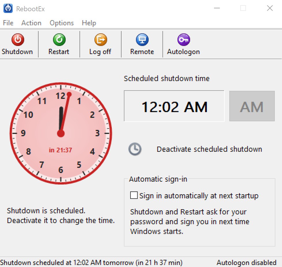 RebootEx with a shutdown scheduled for 12:02 AM: the clock face is red and shows the countdown in 21:37