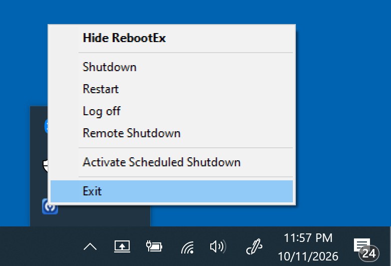 RebootEx tray menu: Hide RebootEx, Shutdown, Restart, Log off, Remote Shutdown, Activate Scheduled Shutdown and Exit