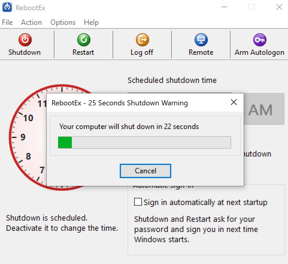 RebootEx 25 Seconds Shutdown Warning window with a progress bar and a Cancel button