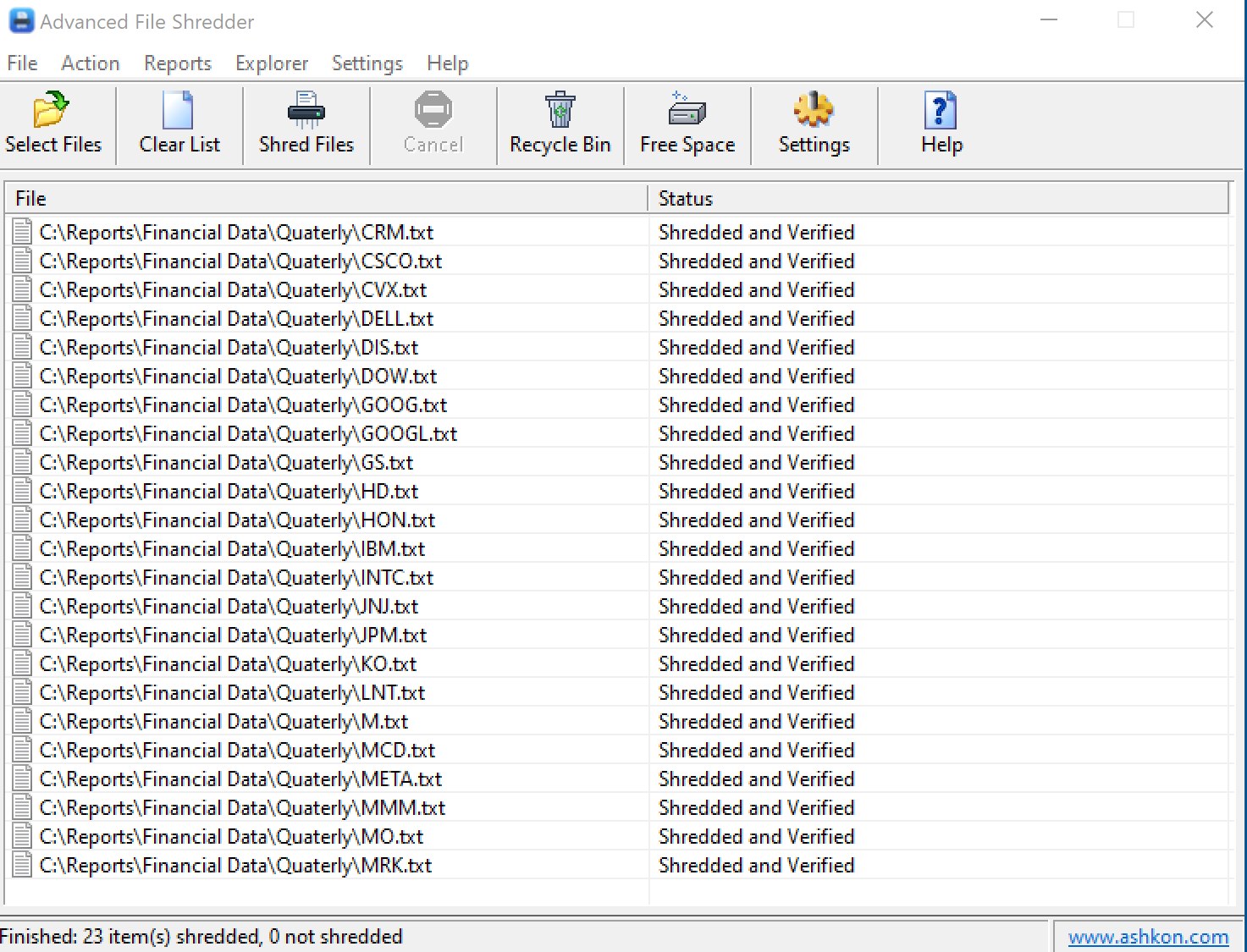 Advanced File Shredder main window with a list of files, each one shredded and verified
