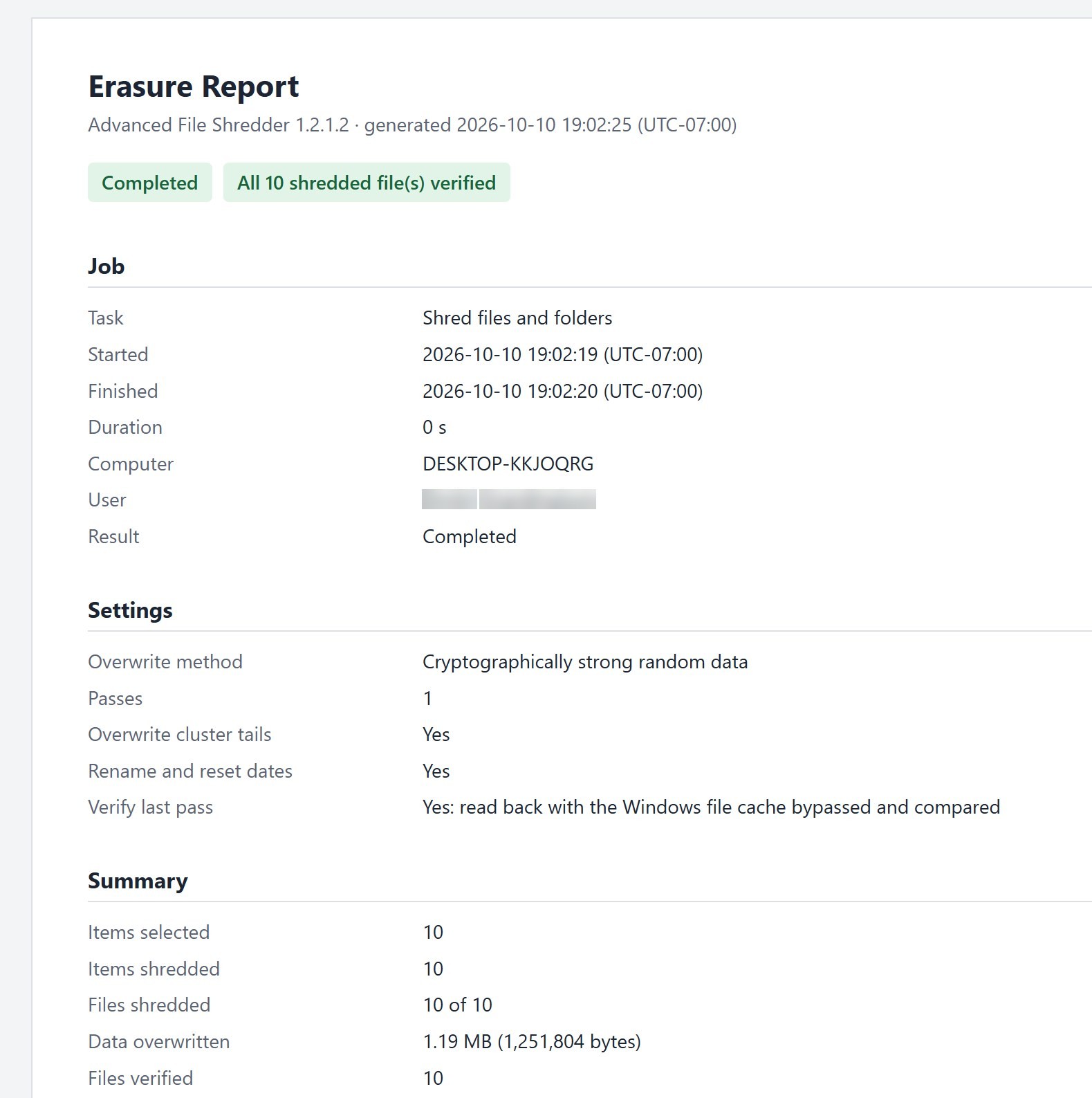 Erasure Report: job details, settings and summary showing all 10 shredded files verified