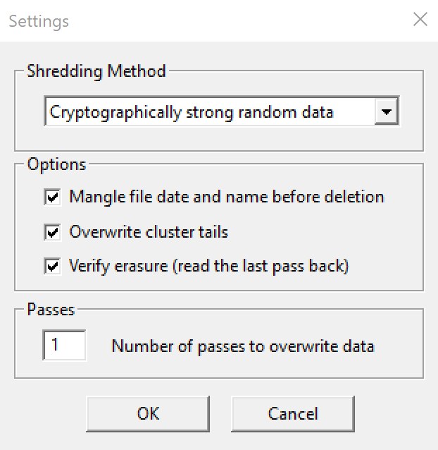 Advanced File Shredder Settings dialog: shredding method, options and number of passes