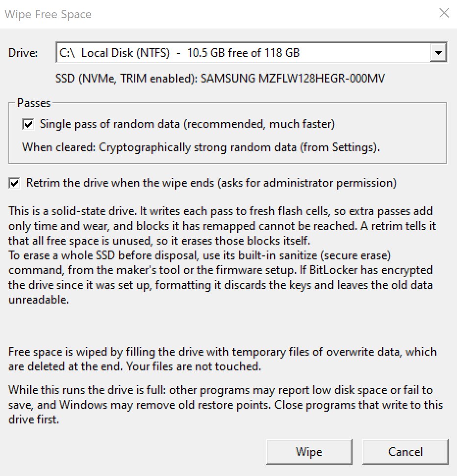 Wipe Free Space dialog for an NVMe SSD with single pass and retrim selected