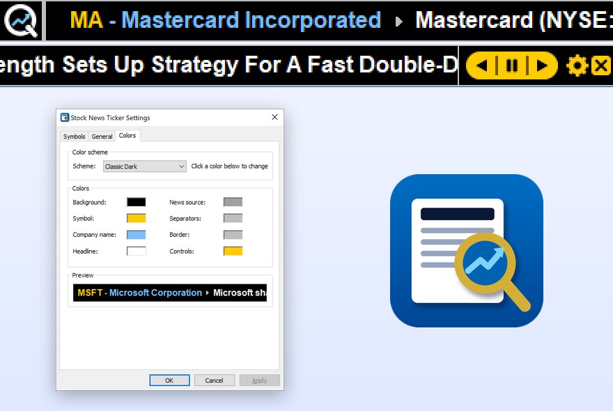 Stock News Ticker bar scrolling Mastercard and Microsoft headlines above the Settings window, Colors tab
