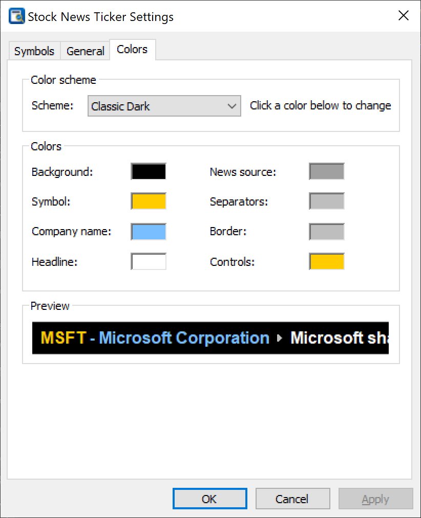 Stock News Ticker Settings, Colors tab: color scheme, eight custom colors and a preview