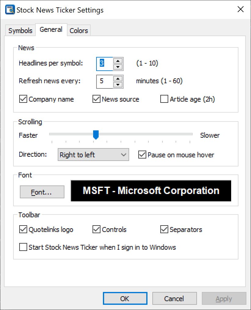 Stock News Ticker Settings, General tab: headlines per symbol, refresh interval, scrolling speed and direction, font and toolbar options