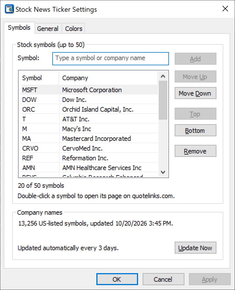 Stock News Ticker Settings, Symbols tab: symbol box with autocomplete, list of symbols and company names, and company name directory status