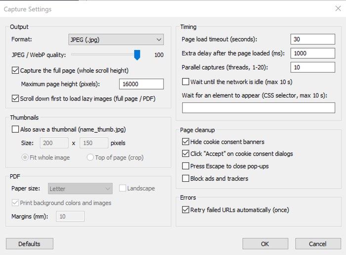 Website Thumbnail Capture settings