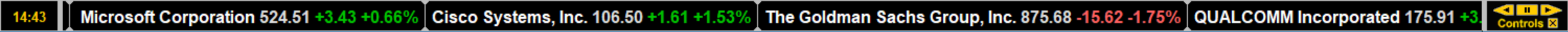 Stock Ticker bar, dark scheme: update time 14:43, Microsoft, Cisco, Goldman Sachs and Qualcomm quotes, and the player controls