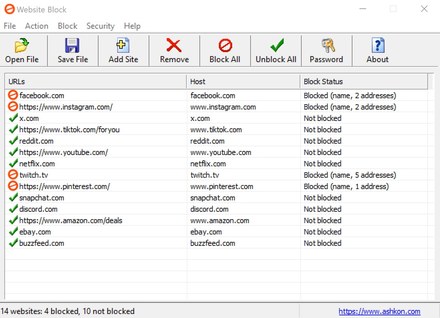 Website Block main window: list of websites with host and block status