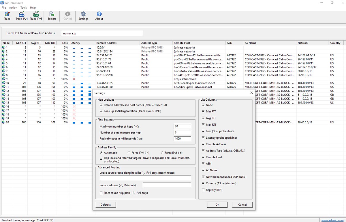 WinTraceRoute main window listing the hops of a route to nomura.jp, with the Settings dialog open on top