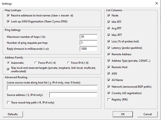 WinTraceRoute Settings dialog with hop lookup, ping, address family, advanced routing and column options